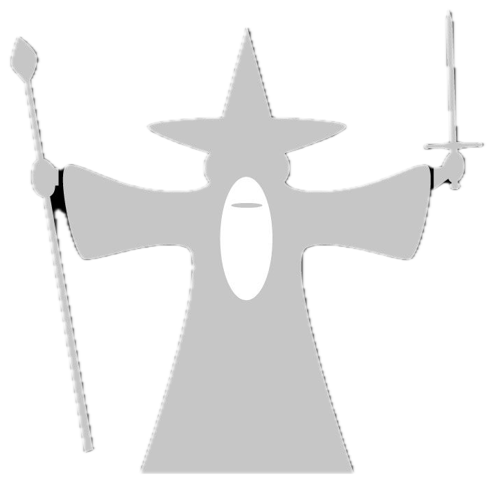 A wizard barring the way, staff in one hand and sword in the other